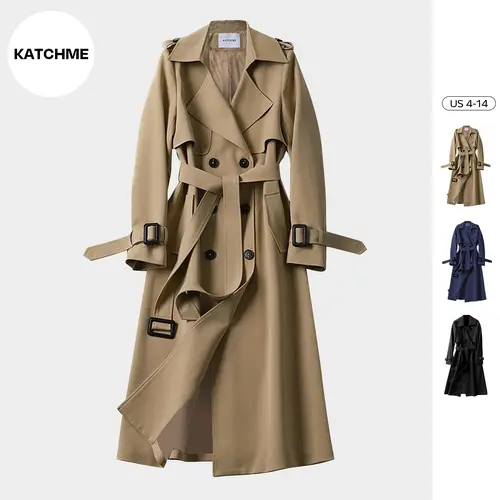 KatchMe Women's Versatile Solid Color Notch Lapel Double Breasted Detachable Belt Trench Coat, Fall & Winter Wrap Tie Waist Outerwear Jacket, Mid-Length Trench Coat
