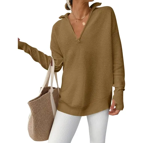 ANRABESS Womens Long Sleeve Quarter Zip Pullover Sweater Casual Loose V Neck Collared Ribbed Knit Jumper Tops Thumb Hole Faux Hoop