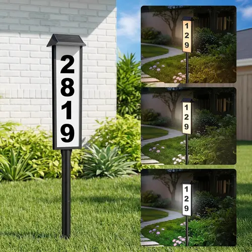 MATULSA Solar Address Sign - 1 Pc Waterproof Outdoor Durable Yard Sign, 3-Color LED Glow Address Plaque, Customizable, Wall-Mounted or Stake Setup, Solar-Powered for Houses