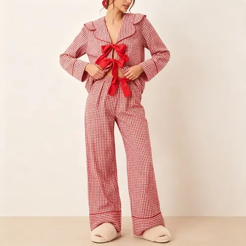 Women Gingham Pajama Set Cute Bow Tie Front Long Sleeve Top Wide Leg Pants 2 Piece Loungewear Set Red Plaid Sleepwear Nightwear for Holiday Christmas