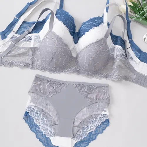 3 sets of women's lingerie sets, solid color, lightweight, comfortable, and breathable, with lace trim and front clasp design, sexy hollow floral elements, suitable for dates, parties, and other occasions, Underwear Women