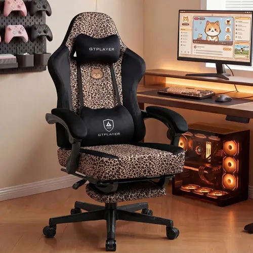 GTPLAYER Cute Leopard Print Ergonomic Office Chair - Soft Velvet, PU Leather, Padded Arms, Headrest Pillow, Lumbar Cushion, Footrest, Seat Lock, Fire Safety Label, Big & Tall, Kitten Back Detail, Women's Chair for Gaming, Work, Bedrooms