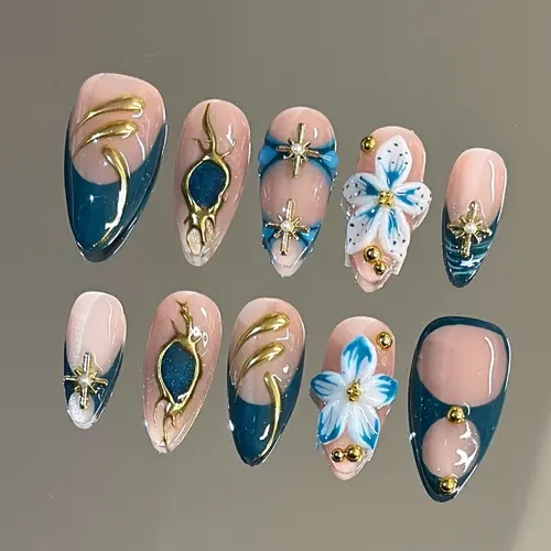 NailVesta AZURE MUSE – 100% Handcrafted 3D Press-On Nails | Reusable, Long-Lasting, Salon-Quality Handmade Gel Nails