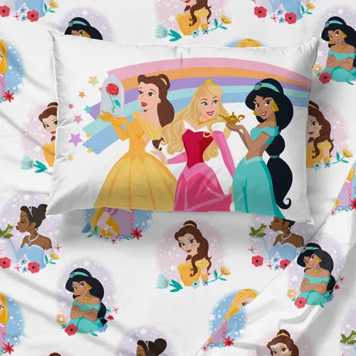 Disney Princess Bedding Sheets Set - 6 Princesses, Vibrant Sunny Side Up Print, Rainbow Stars Design, Low-Dry Simple Bed Linen, Kids' Bedroom Items Bedding Set