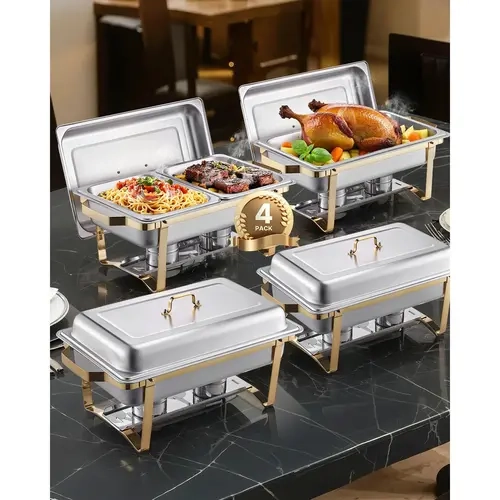VEVOR 4-Pack Rectangle Chafing Dish Bakeware Set - 2x8 Qt Full-Size & Half-Size Pans, Gold Thermal Baking Dish Set, Stainless Steel Kitchenware, Folding Saves Space, Easy-to-Assemble Setup Speeds Service, Fold & Store for Wedding, Party