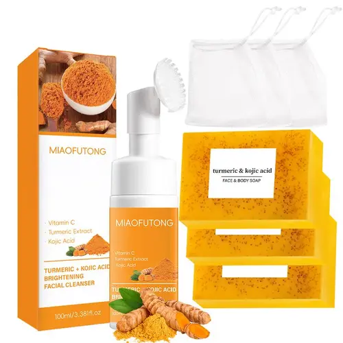 Turmeric + Kojic 2-Piece Facial Wash & Care Multi-Pack - Gentle Lemon Foam Mousse Cleanser, Normal Skin Soap for Adults, Deep Cleansing Brightening Daily Facial Cleanser