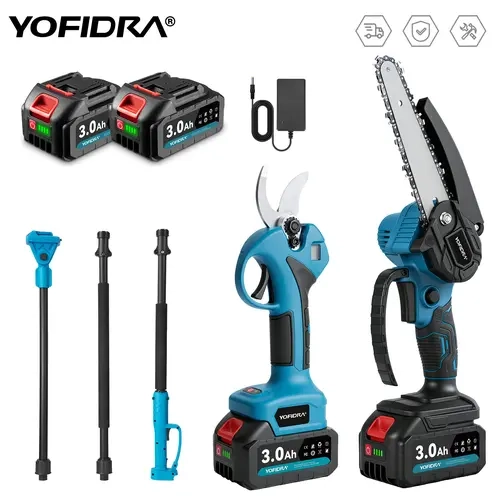 Yofidra 4-in-1 Tool Cordless Portable Handheld Power Chain Saw Pole Pruner - 20V Brushless Outdoor Tool, 6in Guide, 30 mm Cutting, 2.4M 3-section Metal Brass Telescoping Pole, 2x3000mAh Batteries for Tree Trimming, Hedge Trimming