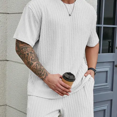 KZZ Men's Classic Plain 2-Piece Relaxed Fit Shorts Set - Age-Inclusive Design, Solid Textured Drop Shoulder Tee & Above-Knee Drawstring Shorts, Outdoor Casual Menswear Coordinated 2-Piece Sets (XXL Available)