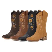 【Restocked】Women's Mid-Calf Cowboy Boots with Sunflower Embroidery - Retro Floral Stitched Square Toe, Pull-On Design, Fashion Boots for Parties, Dark Brown, Walking Shoes Mother's Day Gifts tiktokshopspringglowup summervibes,,summerwins,summeroutfits,vac