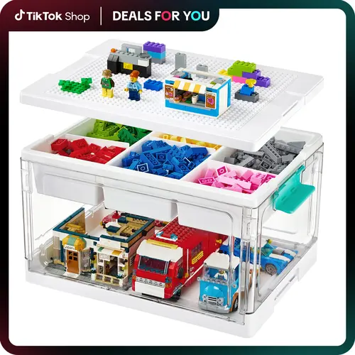 Vtopmart 1-2 Pack 24QT Collapsible Building Block Storage Bin, Multilayer Adjustable Organiser with Building Baseplate Lid, Removable Tray & Divided Compartment for Art Crafts Sensory Toys Squishy, Water&Dust Prooft