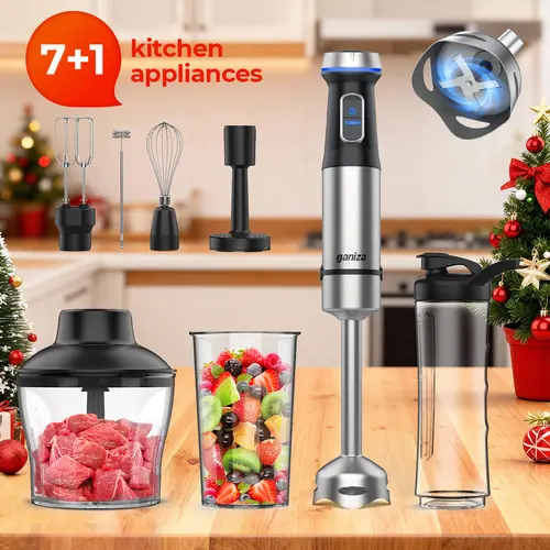 Ganiza 8-in-1 Immersion Hand Blender - 800W Motor Blends Fast, 16 Speeds, Stainless Steel Stick Head, 600ml Blending Cup, Chopping Bowl, Whisk/Egg Beaters, Milk Frother, Masher, Recipe Guide, Compact, Puree & Mash Fast, Ideal Gift for Home Cooks