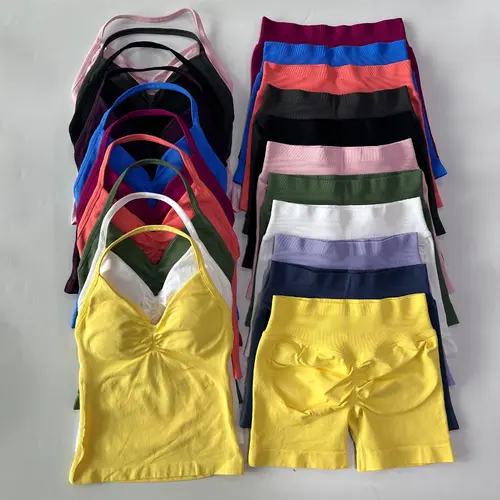 2Pcs Impact Gym Set Women Backless Tank Tops High Waist Scrunch Seamless Shorts Gym Suit Fitness Clothes Activewear Workout Sets Adjustable Wrap Bikini for Long Sleeve Men's Sun Protection Hoodie new work out fashion Athletic Stretchy Material