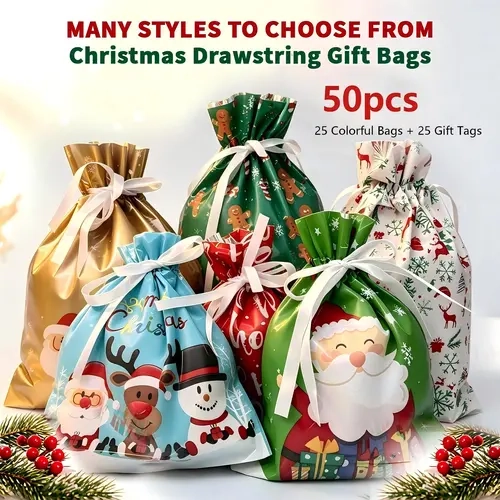Christmas Gift Bags, Christmas Drawstring Gift Bags in 2 Sizes,Christmas Candy bags (25 Gift Bags + 25 Gift Tags), Candy Treat Bags, Christmas Goodie Bags, Holiday Wrapping & Decorations Party Favors With Assorted Patterns.techvibes