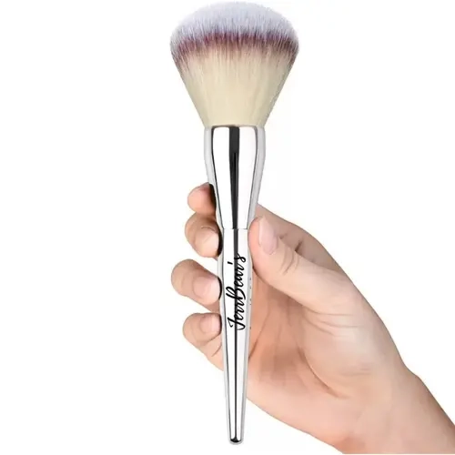 JerrBear's Luxe Powder Puff Makeup Blending Brush - Single Item Soft Cosmetic Brushes with Ultra-Soft Bristles, Pat & Swirl for Smoothing Flawless Finish, Sleek Chrome Engraved Logo Handle, Ideal for All Daily Care, Complements Makeup Blenders & Sponges