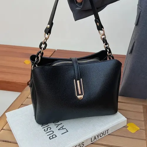 Women's Burgundy PU Leather Satchel, Multi-Compartment Handbag with Gold-Tone Chain Handle for Office, Commuting and Shopping #GLOBAL PICKS