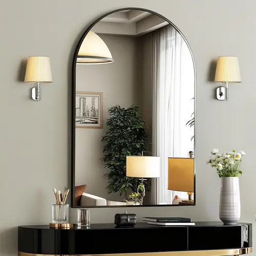 Sweetcrispy Arched Gold Aluminum Frame Mirror - Shatterproof, Durable, Moisture-Resistant Wall-Mounted Glass Bathroom Mirror, Sharp Reflection Vanity Fixture for Bedroom Decor