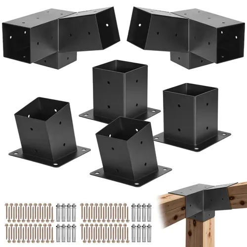 VEVOR Upgraded Sturdy 4x4 3-Way Slanted Brackets Kit, Carbon Steel Pergola Brackets for 3.5x3.5 In Wood Beams, 2 Post Bases, 2 Wall Mount Bases, Heavy Duty Bolts, Stainless Steel Screws, Storm Resistant Outdoor Support, Sturdy Bracket