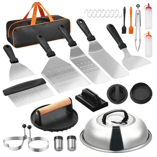 VEVOR 28PCS Stainless Steel Griddle Accessories Kit with Handles - BBQ Grill Utensils Set, Barbecue Utensils Including Enlarged Spatula, Basting Cover, Tong, Burger Press, Carry Bag for Outdoor BBQ Teppanyaki Meat Prep