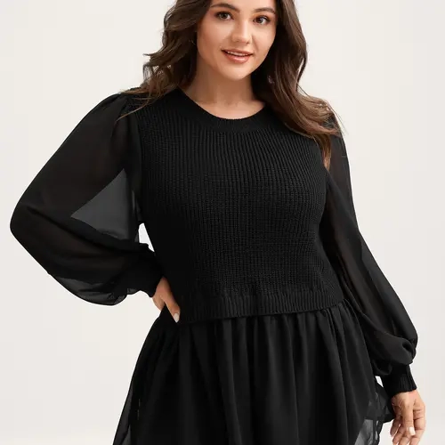 BloomChic Balloon Sleeve Solid Twofer Sweater 【M-6XL】Back To School,Fall Pick, Spotlight Day，SohoChic