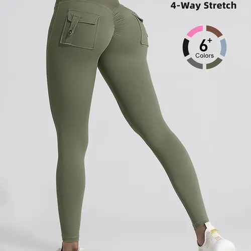 Women's High Waist Sporty Leggings with Pockets, Elasticity Fit Tight Yoga Pants, Women's Fitness Clothing for Exercise & Workout, Athleisure Fitness Leggings, High Waist Activewear