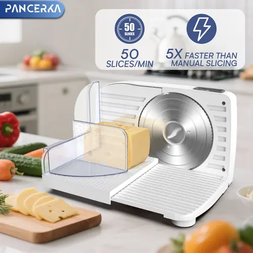 PANCERKA Corded 1500-Watt Electric Meat Slicer - Home Appliances, Adjustable Thickness, Automatic Precision Cutting, Removable Stainless Steel Blade, Washable Parts, Non-Slip Suction Base, Cabinet-Fit, Slider, Tray for Home Kitchen Use