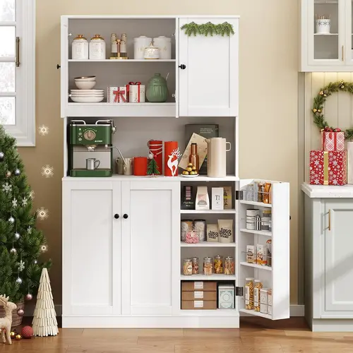 【TiktokShopStockUp】ONBRILL 71" Tall Kitchen Pantry Storage Cabinet with Microwave Stand & Door Shelf, Freestanding Kitchen Hutch with 6 Doors and Adjustable Shelves, Modern Food Pantry for Kitchen, Dining Room