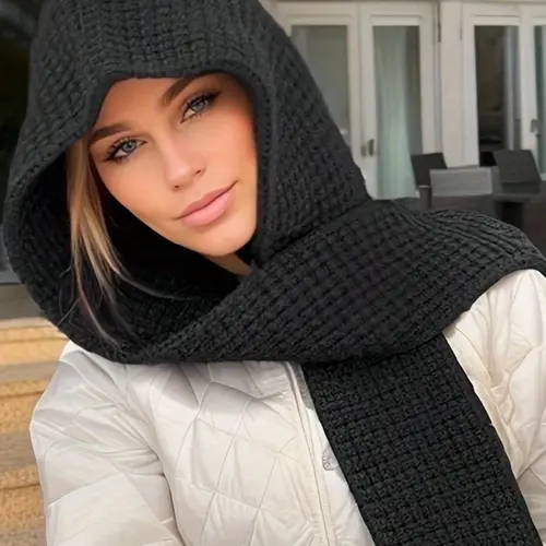 Fashionable Three-In-One Knit Beanie Fitted Scarf Shawl Set, Versatile Baracuta Hat, Warm Hooded Scarf, Casual All-Season Wear