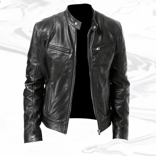 Men's Fitted Vegan Leather Long-Sleeve Biker Coat - Mens Clothing, Woven Stylish Stand Collar Glossy Top, Streetwear Clothing, Plain Casual Spring Daily Apparel, Vegan Leather Men's Lightweight Jacket, Father's Day Gift