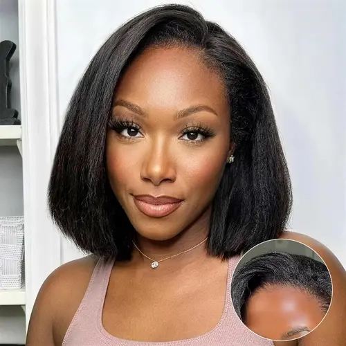 Recool Hair Kinky Straight Half Bob Wig Flip Over Install 100% Glueless Natural Blowout Kinky Strtaight Bob Wig Easy Wear and Stable Fit