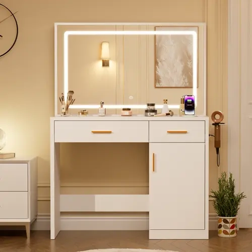 Sweetcrispy MDF Wood Lighted Vanity Desk - 35.4" Modern Indoor Furniture with LED Accent Light, 3 Adjustable Colors, 2 AC/USB/C Ports, 2 Drawers, Large Cabinet, Side Hooks, Vanity Makeup Organizer, Valentine's Gift for Moms