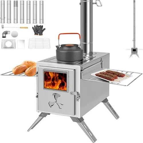 Docred Portable Wood Stove, 3-in-1 Stainless Steel Cook Boil BBQ Outdoor Cooking Supplies with Foldable Legs, Anti-Spark Pipe for Safety, Heat-Resistant Gloves, Tent Jack Compatibility for Outdoor Use, Campfire, Camping Accessory