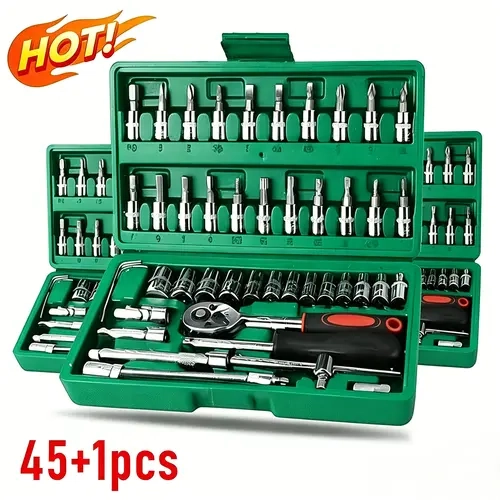 Heavy-Duty Carbon Steel Socket Ratchet Car Maintenance Tool Kit - 46/53-Piece 1/4-Drive Set with Torx Sockets, Hex Wrenches, 4-14MM Bits, Extension Bar, Compact Portable Case for Auto Repair (1/4 to 1-Inch Compatibility)