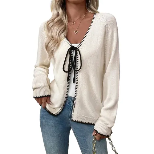 EVALESS Women's Fitted Knitting Cardigan Sweater - Trending Clothes, Long Sleeve Tops, V-Neck, Open Front with Knot Bow, Chunky Lightweight Fall Basic Outerwear, Beige Women's Clothes for Work/Outdoors