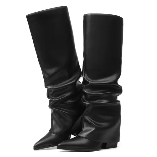 EROCALLI Women's Elegant Minimalist Fold-Over Slouch Knee-High Heel Boots - Korean Footwear, Pointed Toe, Wide Calf, Pull-On, Chunky Heel, Patent Leather Upper, Rubber Sole, Basic Casual Shoes