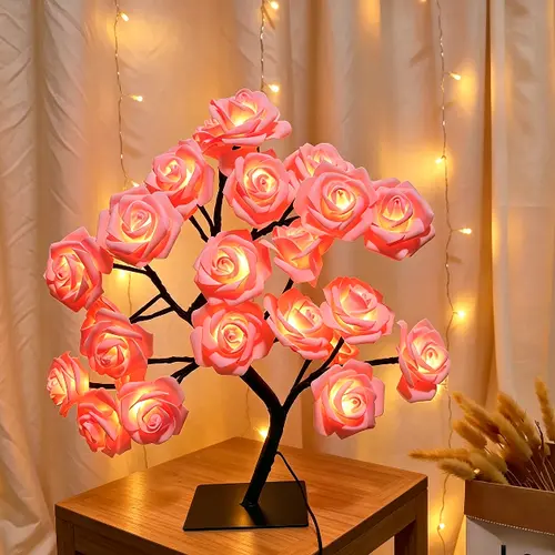 Rose Flower Design Rose-Tree Charm LED Night Light, USB Plug-In Table Lamp, Romantic Glow Room Decor, Lamps for Bedroom, Multi-Occasion Gift for Students & Her (Anniversary, Girlfriend Gifting)