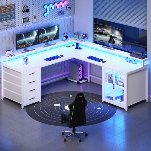 Sedeta 109-Inch L-Shaped Modern Metal-Wood Stable Gaming Computer Desk - Home Office Desk with 4-Drawer Storage Display Cabinet, 2 Monitor Risers, CPU Stand (Keeps CPU Dry), LED Lighting, Built-In Power Strip, Assembly Required