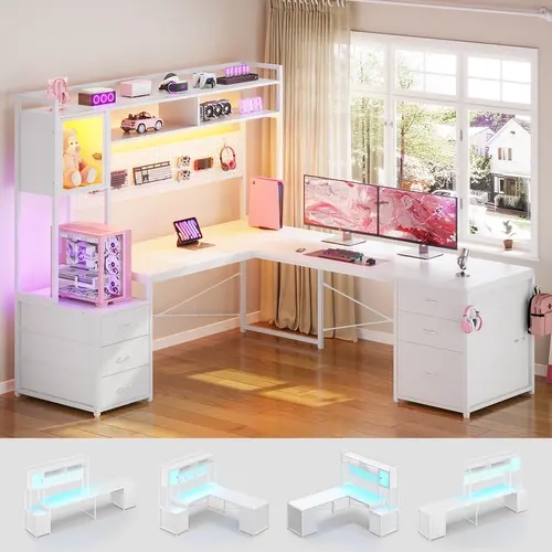 Sedeta Durable L-Shaped Gaming Desk - Reversible Corner Office Furniture, Spacious & Powered, Built-in LEDs, Multi-Drawer with File Drawer, Hutch, Storage Shelves, Power Outlet, Stable Wood-Metal Base, Work and Play Setup for Home Workstations