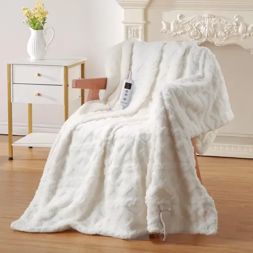 【GARVEE】Heated Throw Blanket - Thick Tufted Sherpa Electric Blanket Throw with 10 Heating Levels and 10 Time Settings, ETL Certified Machine Washable Fast Heating Blanket Throw 50"×60", Off White