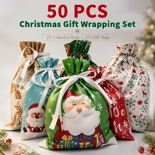 Christmas Gift Bags & Candy bags 25 Drawstring Gift Bags + 25 Gift Tags, Reusable Candy Treat Bags, 2 Sizes with Assorted Patterns, Christmas Goodie Bags, Holiday Gift Sacks & Party Favor Bags for Candy, Treats & Small Gifts#tiktokshopstockup techvibes