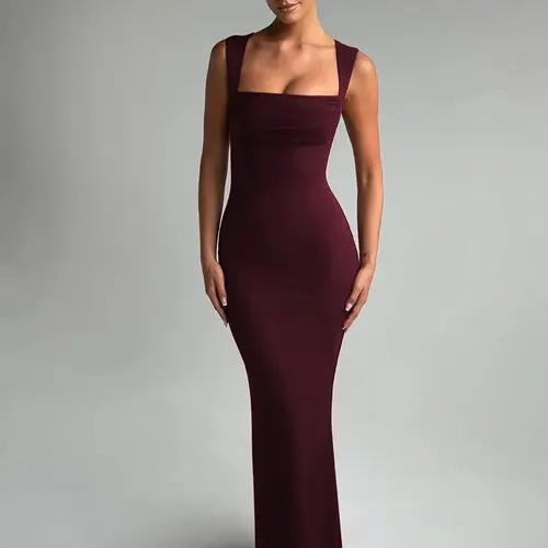 Women's Solid Color Square Neck Sleeveless Bodycon Dress, Elegant Formal Dress, Ladies Summer Wear for Parties, Clubs and Holidays, Stretchy Fabric