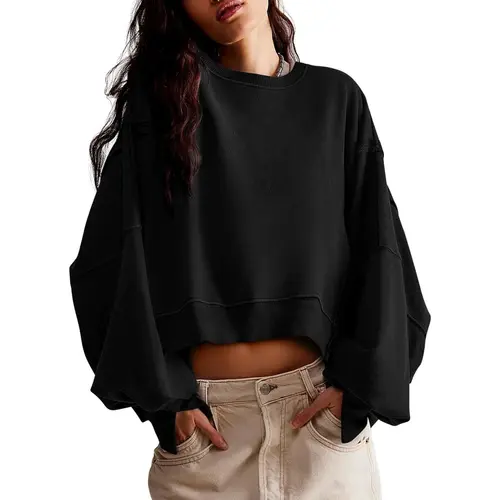 Yousify Women's Casual Long-Sleeve Crewneck Loose-Fit Crop Pullover Sweatshirt with Side Slit Hem, 2025 Fall Trending Everyday Top, Back to School Outfit, Longsleeves, Tops for Women