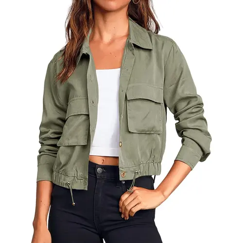 Women's Basic Loose Military Safari Cropped Cotton Utility Anorak Coat - Long Sleeve, Button Down, Lightweight, Pockets, Quick On/Off, Casual Outerwear for Lady, Ideal Gift