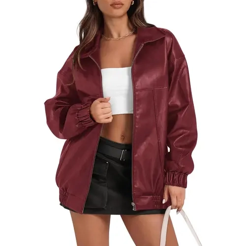 YOUSIFY Women's Large Oversized Plain Faux Leather Bomber Jacket - Longsleeves Zip Up Casual Alternative Style Coat, Moto Edge Machine Wash Outerwear for Fall Winter, Women's Tops & Coats Clothing