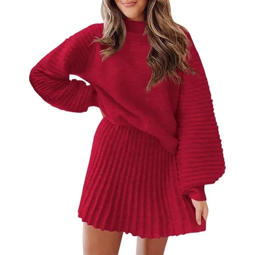 YOUSIFY Women's Minimalist 2-Piece Fitted Matching Set - Ribbed Mock Neck Long-Sleeve Sweater & Basic Mini Skirt, Skin-Kind Fabric, Heel-Ready Elegance for 2026 Fall Winter Casual & Dating Wear