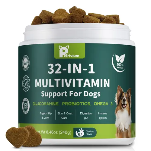 Petrivium 32-in-1 Canine Nutritional Supplement Soft Chews (120 Count) - Dog Chewable with Glucosamine, MSM, Omegas 3 & 6, Probiotics for Hip & Joint Health, Skin & Coat Support, Immune Boost