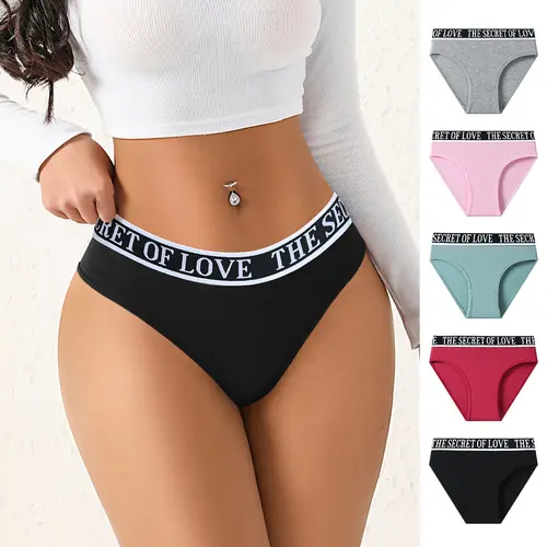 Hotcom Lady's Simple Print 5-Pcs High-Waist Cotton Spandex Activewear Briefs - Halloween Casual Underwear, Soft Breathable Fabric, Letter Tape, Snug Highrise Fit, Easy Everyday Styling
