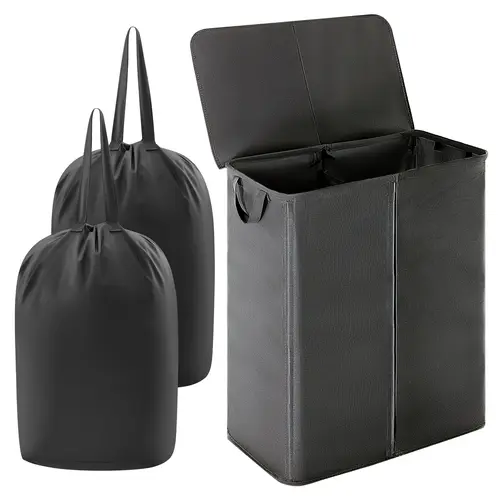 Lifewit Sturdy Modern Rectangle Collapsible Laundry Hamper - 105L/160L Large Double Divided Organizer, Lid, Removable Recyclable Non-Woven Bags, Handles, Manual Setup, Foldable for Small Room, Home Goods, Organizer Storage, Apartment Accessories