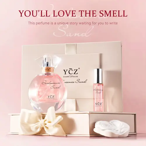 YCZ Pink Golden Sands Fragrance Gift Set (1.7oz EDP + 0.5oz Travel Spray) | Floral Oriental Scent, Soft, Elegant & Romantic, Long-Lasting for Everyday Wear and Gift Giving, Inspired by the moment every woman learns to love herself and begins to bloom