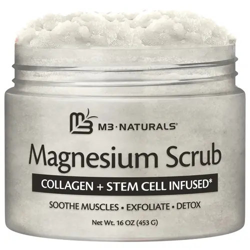 M3 Naturals Magnesium Dead Sea Salt Body Scrub - 16 oz (453 g) Exfoliating Dead Skin Exfoliant, Soothing, Relaxing, Nourishing, Hydrating, Mineral-Rich Formula with Stem Cell & Shea Butter, Collagen Boost for Sore Muscles