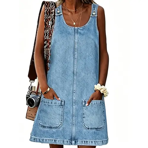 Yousify Women's Basic Minimalist Vintage Loose Fit Crew Neck Sleeveless Denim Dress - Pocketed, Above-The-Knee, Casual Comfy Chic, Springfashion, Warm-Weather Friendly, Roomy Cut (Vintage Denim Casual Dresses For Women)